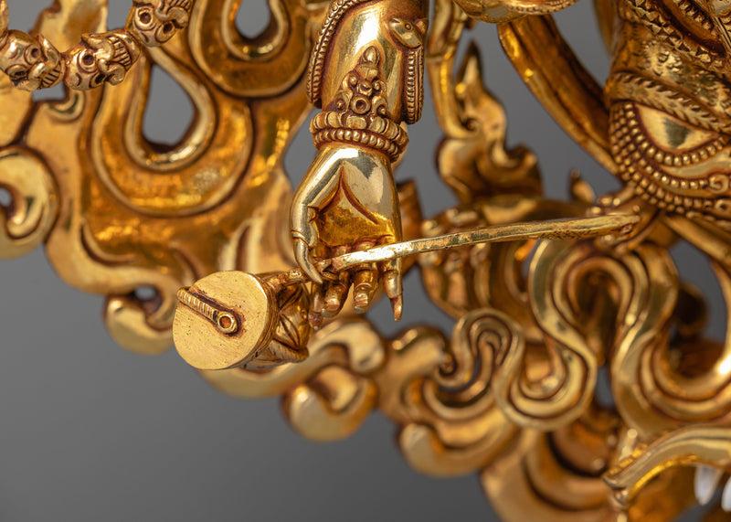 6 Armed Mahakala, 24K Gold Plated Mahakala Statue, Traditionally Hand Carved
