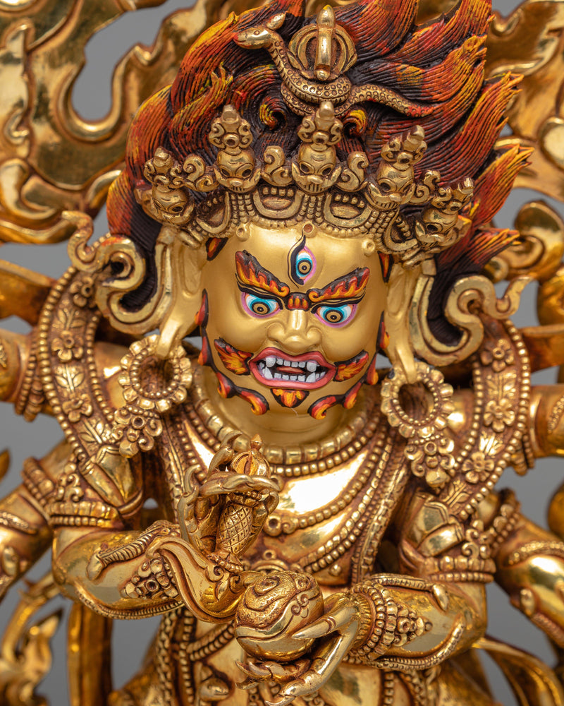 6 Armed Mahakala, 24K Gold Plated Mahakala Statue, Traditionally Hand Carved