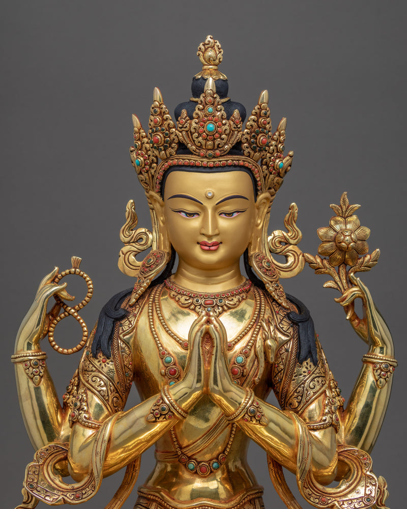 Four Arm Chenrezig Sculpture | Avalokiteshvara Hand Made Artwork In Nepal
