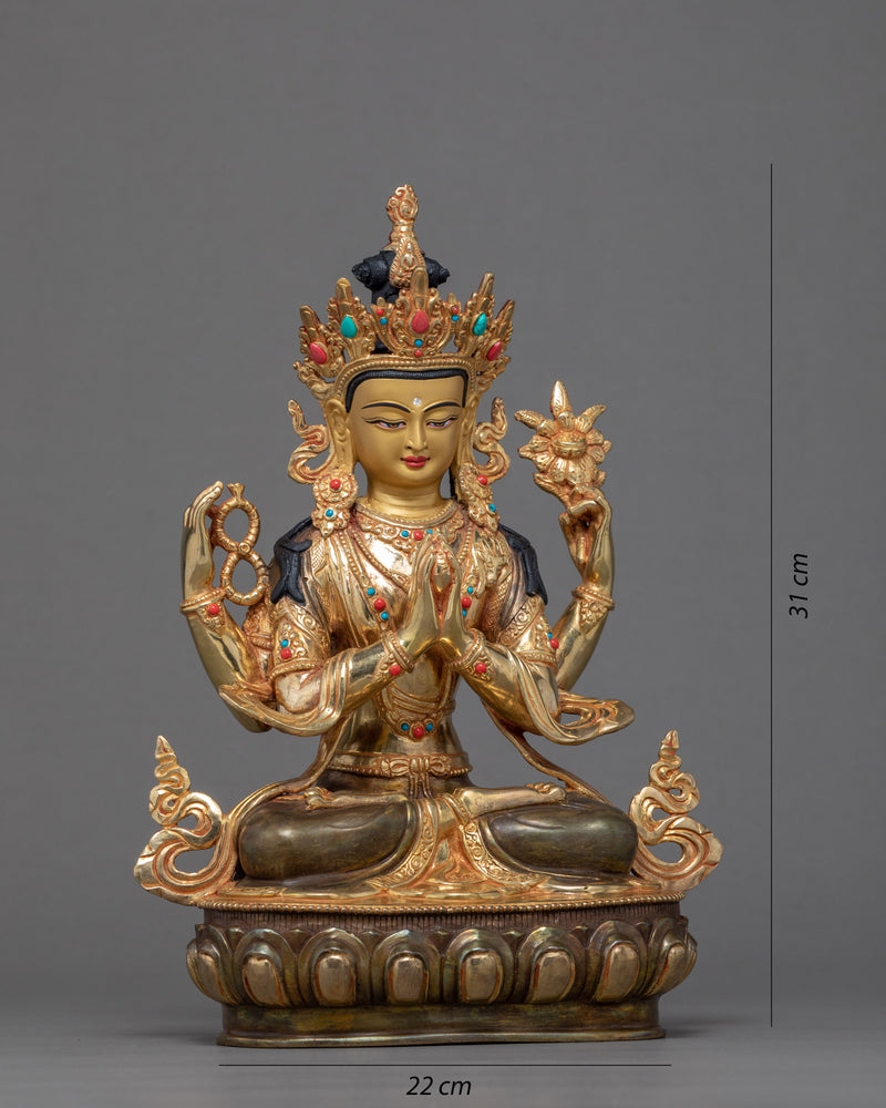 4 Armed Chenrezig Sculpture | Traditionally Hand Carved Bodhisattva Statue
