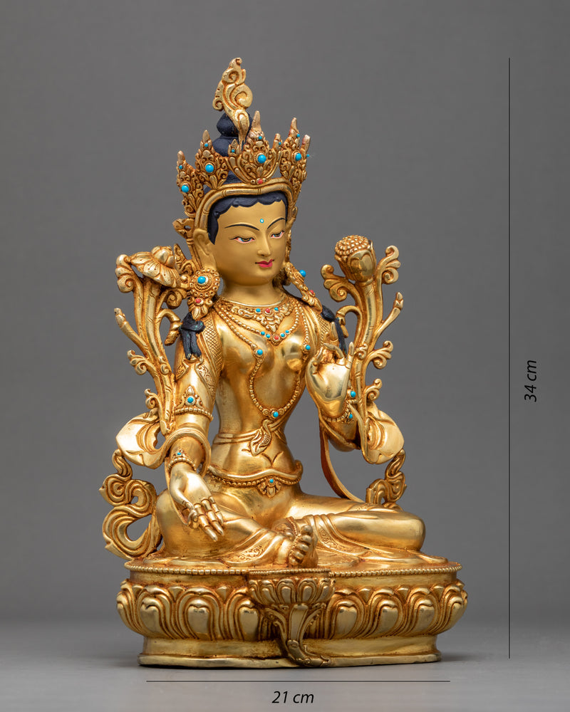 Green Tara Goddess Sculpture | Gold Gilded Female Buddha Art