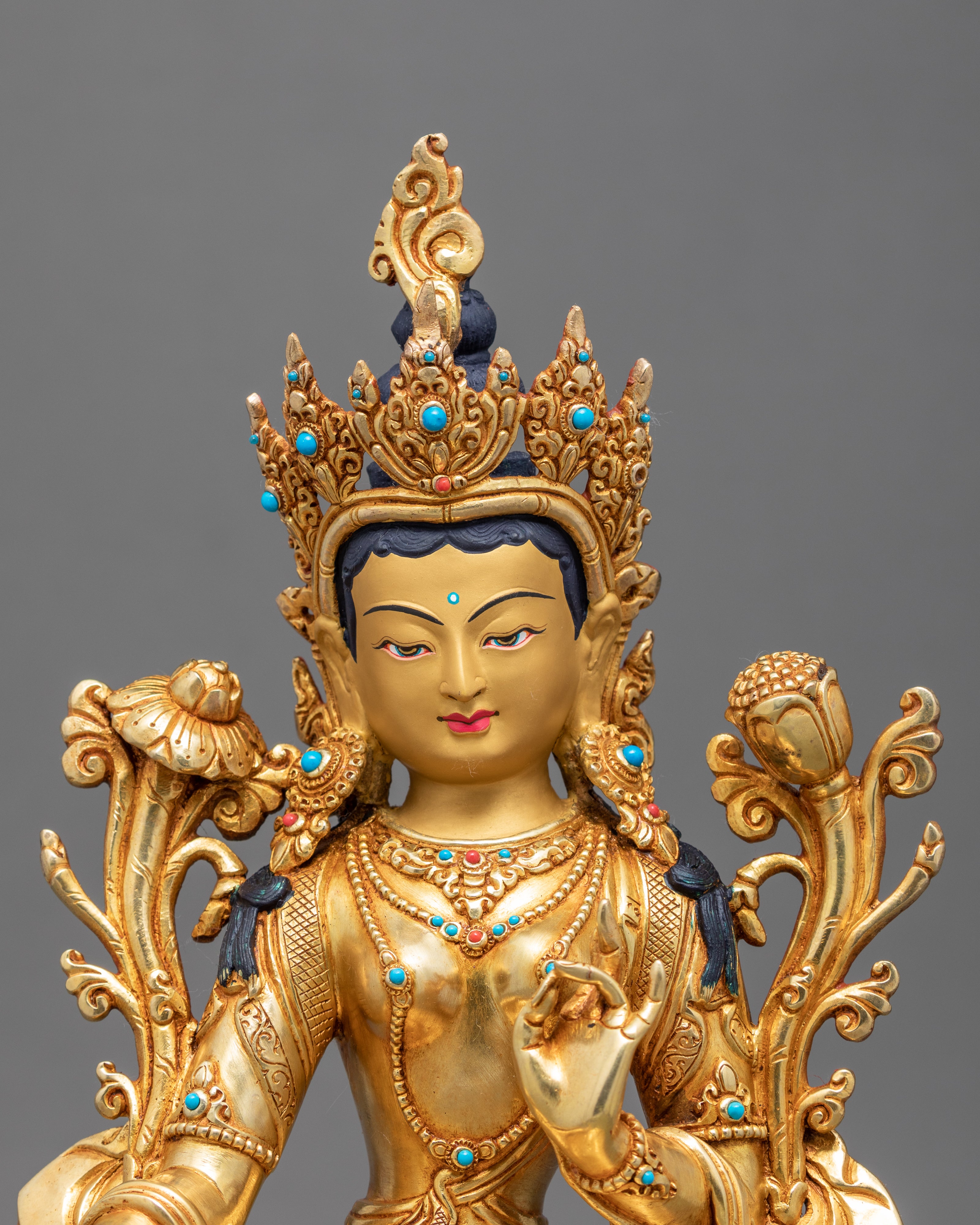 Green Tara Goddess Sculpture | Gold Gilded Female Buddha Art