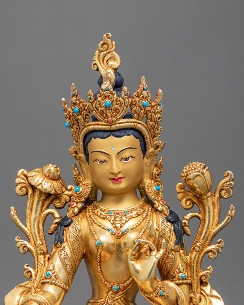 Green Tara Goddess Sculpture | Gold Gilded Female Buddha Art