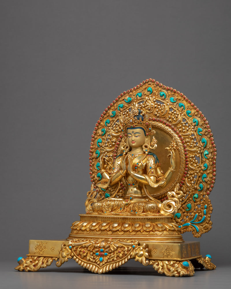 Chenrezig on Throne Statue | Traditional Hand Carved Art