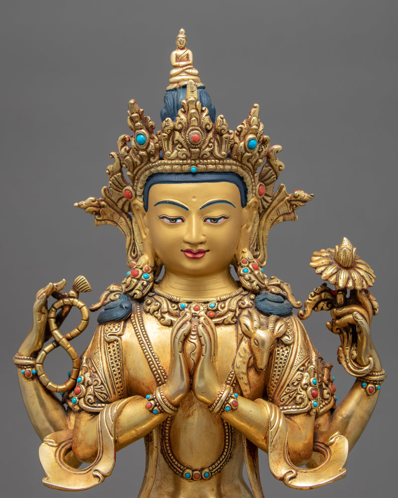 Four Armed Avalokiteshvara Sculpture | Traditional Chenrezig Himalayan Art