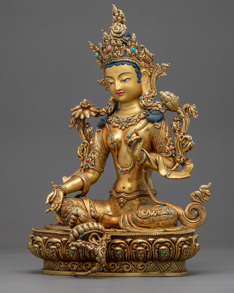 Green Tara Gold Statue | Traditional Himalayan art of Nepal