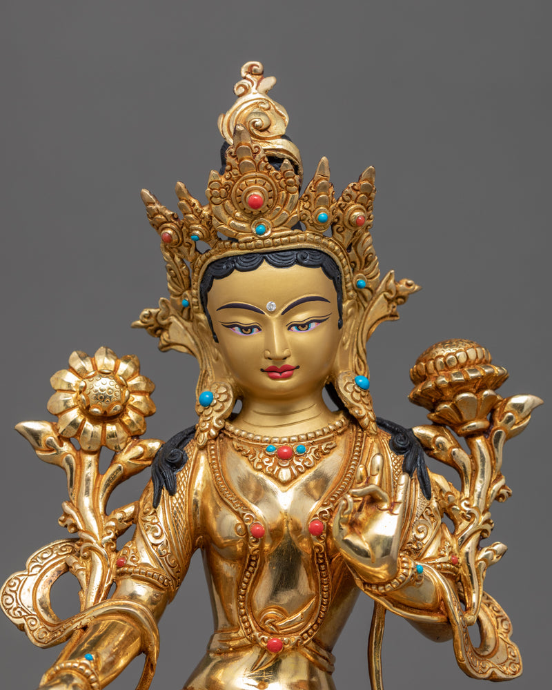 Gold Green Tara Statue | Buddhist Compassion Deity