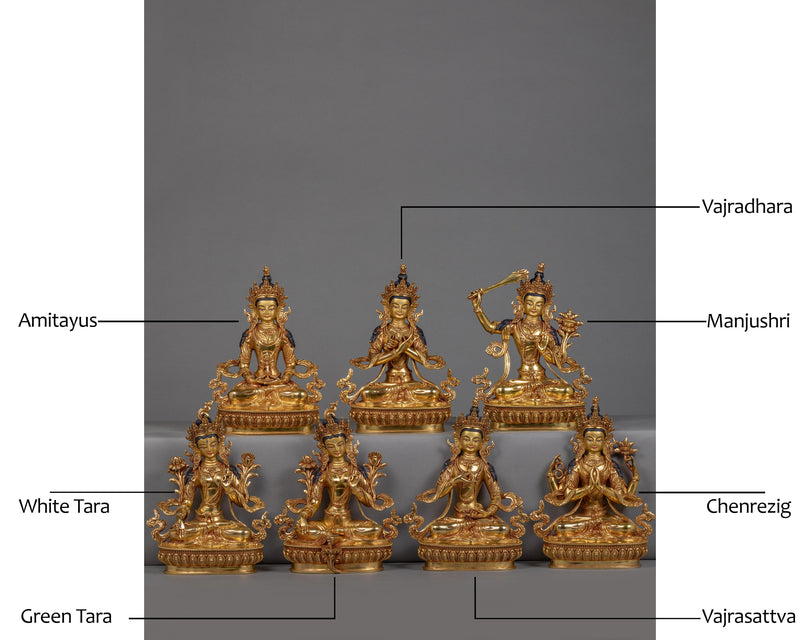 Bodhissattva Statues of Vajradhara, Amitayus, Manjushri, White Tara, Green Tara, Vajrasattva and Chenresig