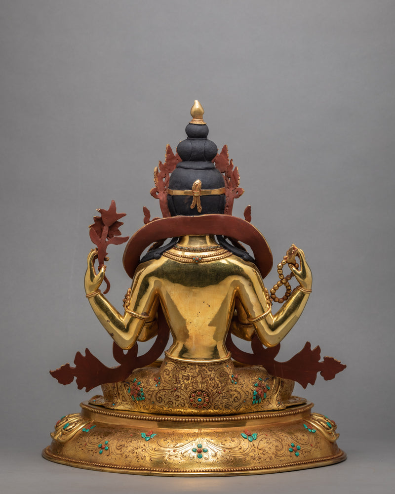 Four-armed Chenrezig Statue | Traditionally Gold Plated Bodhisattva Statue | Himalayan Sculpture