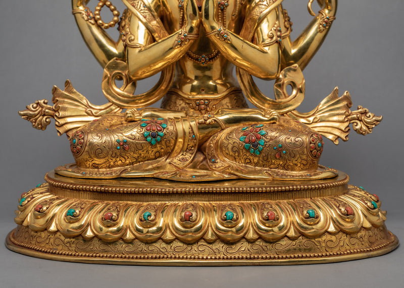 Four-armed Chenrezig Statue | Traditionally Gold Plated Bodhisattva Statue | Himalayan Sculpture