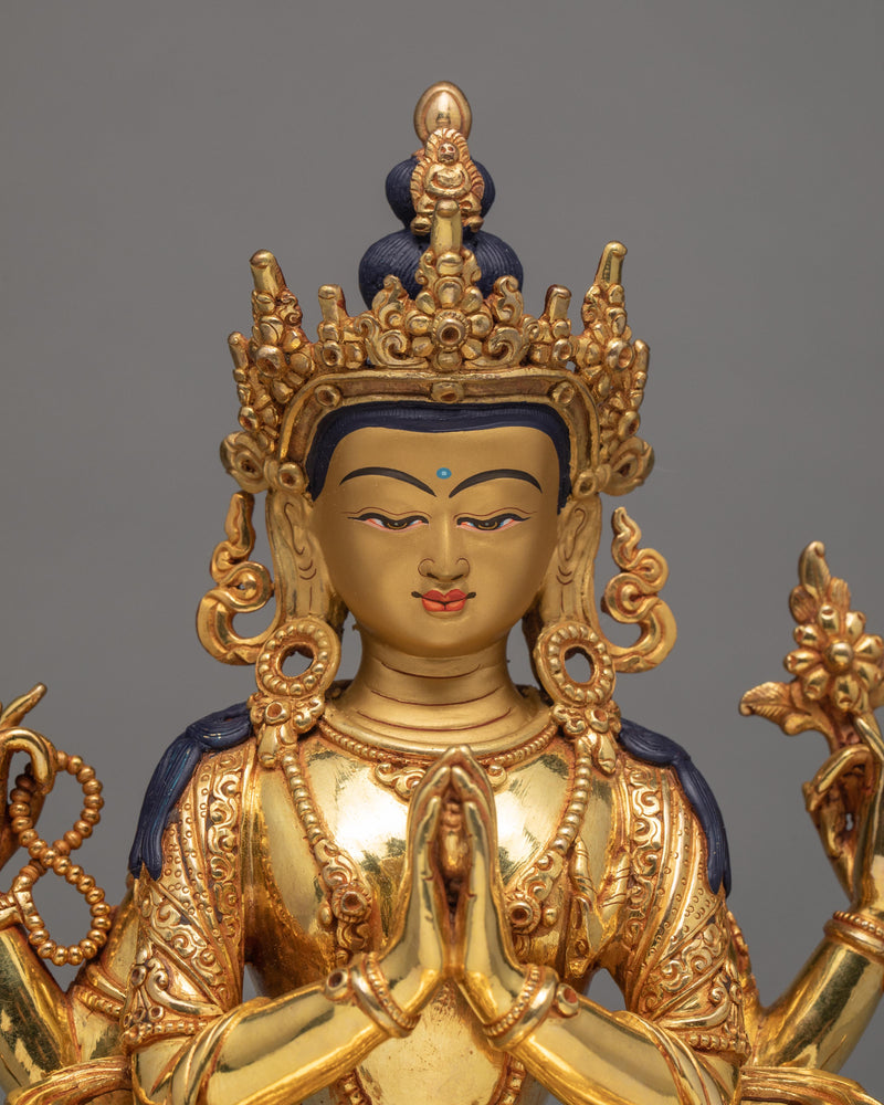 Four Armed Chenrezig | Tibetan Avalokiteshvara Gold Plated Statue