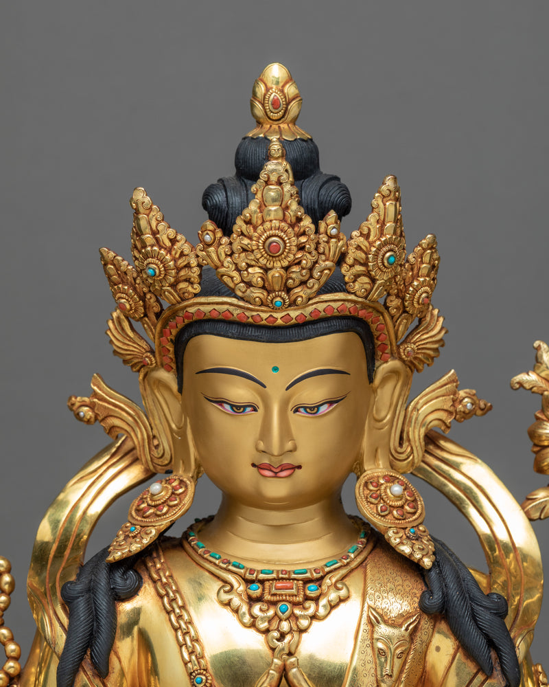 4 Arm Chenrezig Statue | Gold Plated Himalayan Buddhist Art