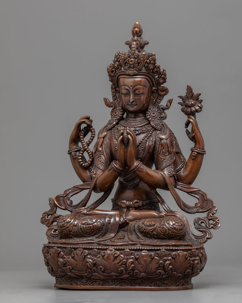 Avalokiteshvara Four Arms Copper Statue | Bodhisattva Chenrezig Sculpture