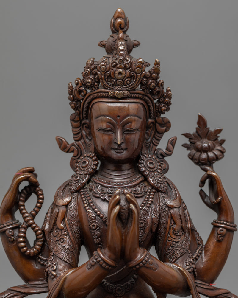 Avalokiteshvara Four Arms Copper Statue | Bodhisattva Chenrezig Sculpture