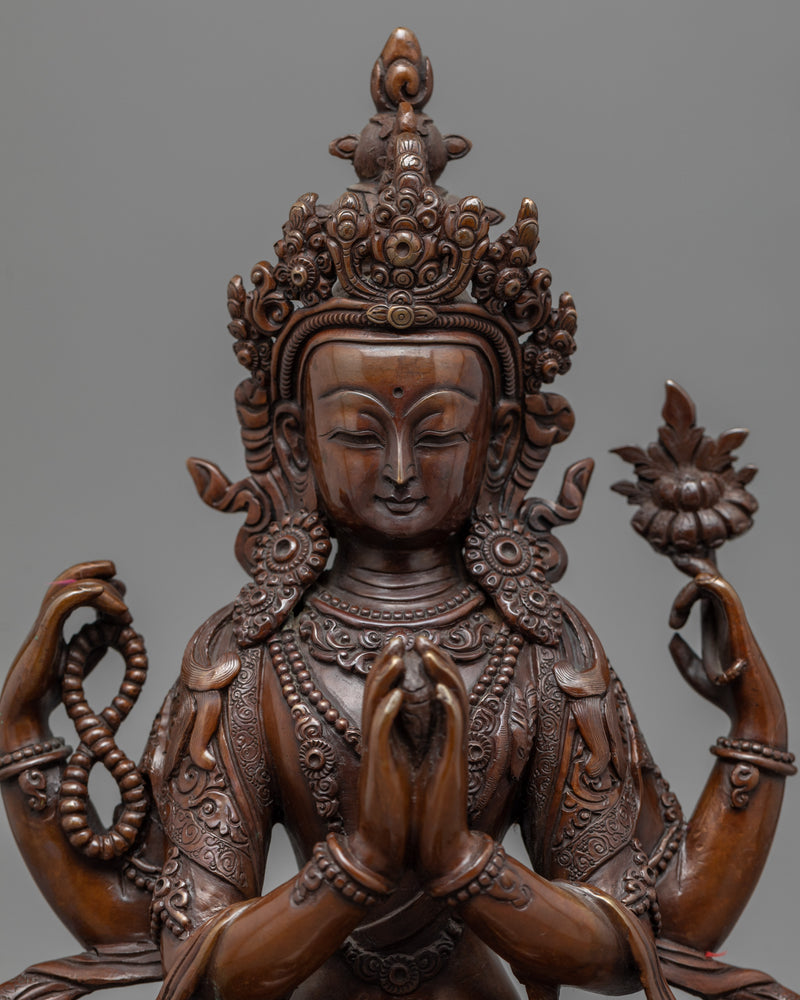 Avalokiteshvara Four Arms Copper Statue | Bodhisattva Chenrezig Sculpture