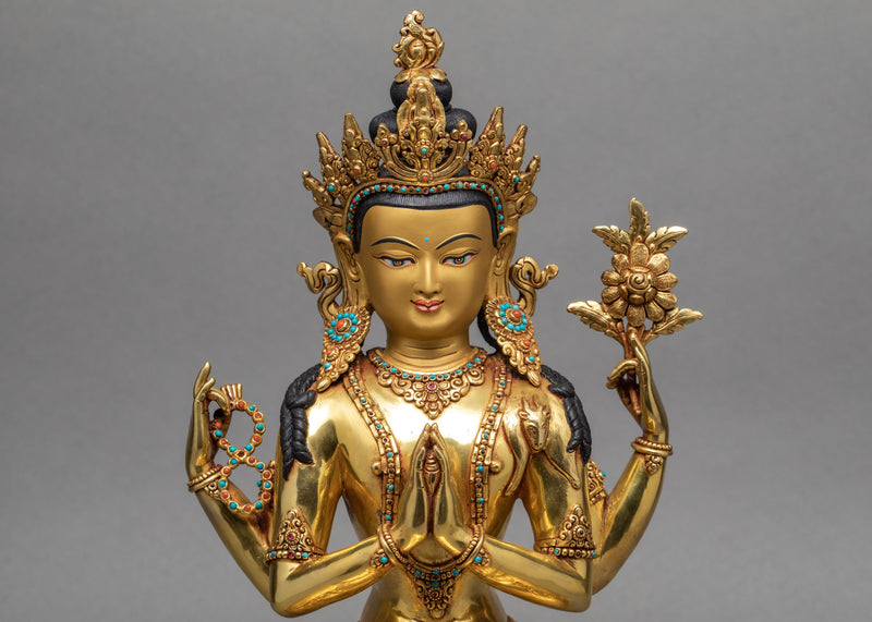 Chenrezig Statue | Hand Carved Avalokiteshvara | Traditionally Gold Gilded Statue