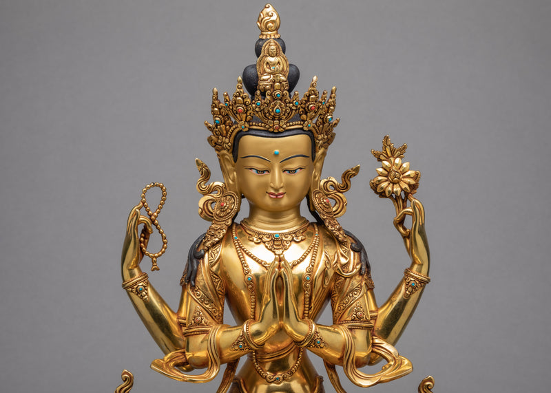 Four-Armed Chenrezig Statue | Gold Plated Bodhisattva | Himalayan Art