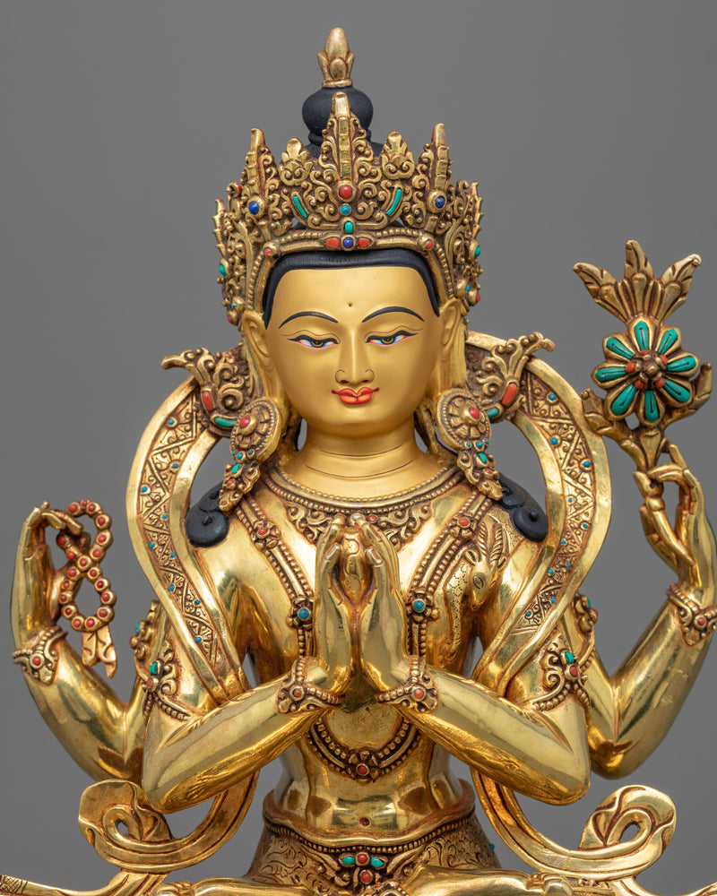 Gold-Gilded Statue For Prayer To Chenrezig Bodhisattva | 24K Gold Hand-Carved Statue