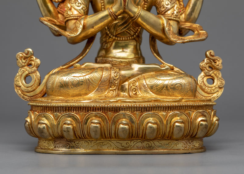 Four Armed Chenrezig Gold Sculpture | Boddhisattva of Compassion
