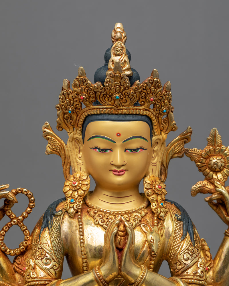 Four Armed Chenrezig Gold Sculpture | Boddhisattva of Compassion