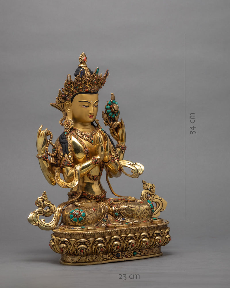 Handmade Chenrezig Statue | Avalokiteshvara statue adorned with Turquoise