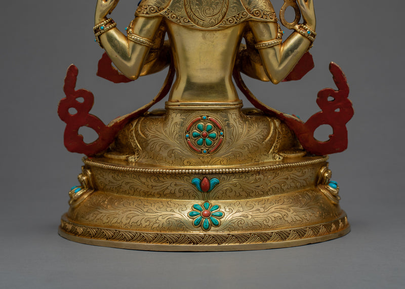 Four Armed Chenrezig Statue | 24K Gold Tibetan Sculpture
