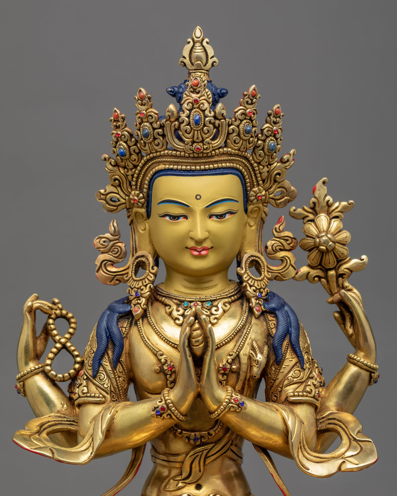 Buddhist Avalokiteshvara Sculpture | Gold Plated Himalayan Art