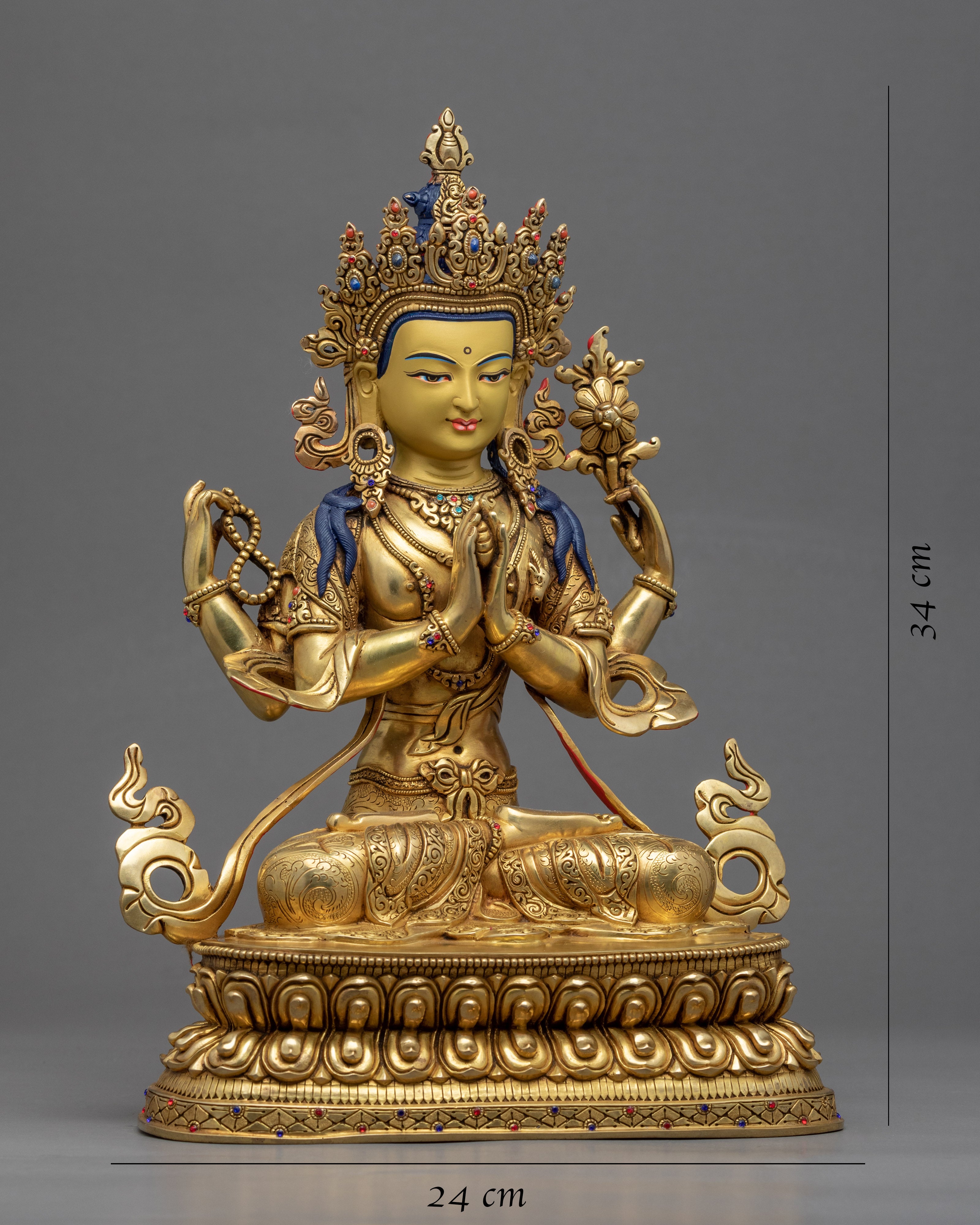 Buddhist Avalokiteshvara Sculpture | Gold Plated Himalayan Art