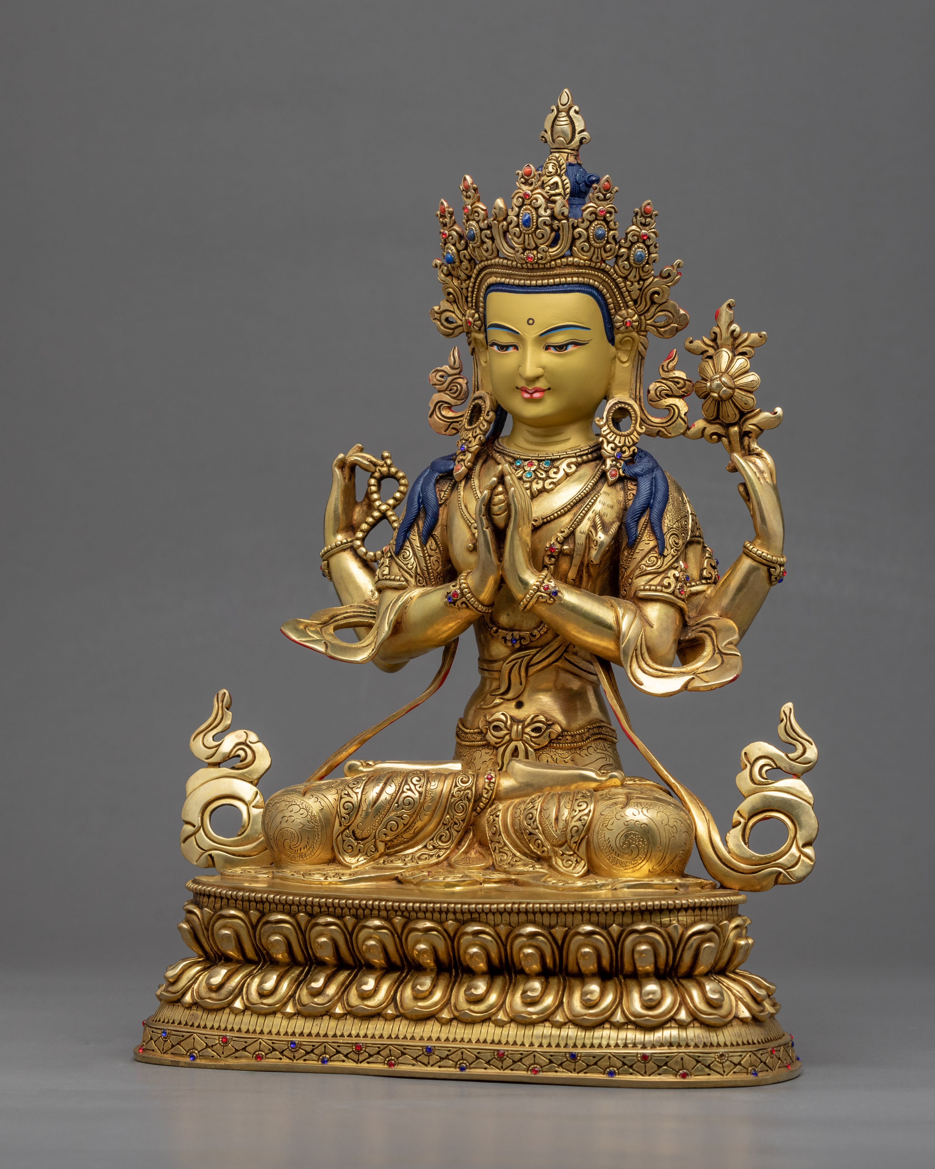 Buddhist Avalokiteshvara Sculpture | Gold Plated Himalayan Art