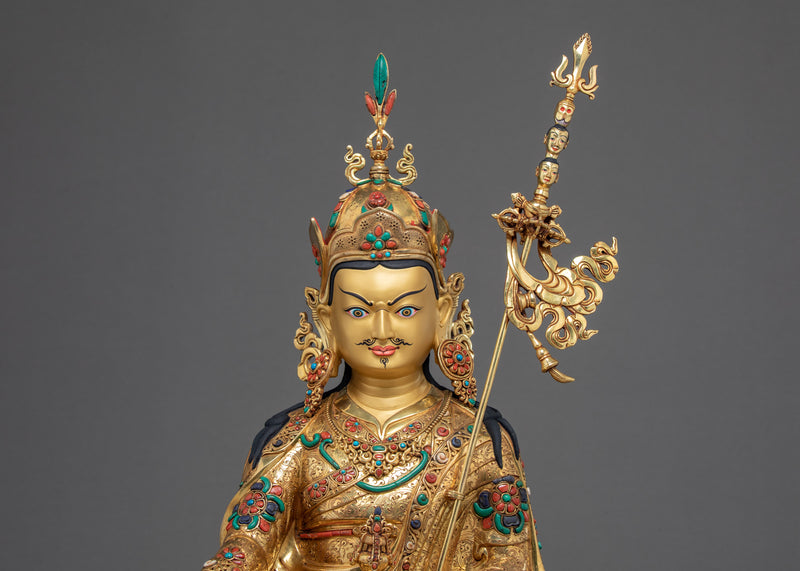 Guru Rinpoche, Purely Hand Carved Padmasambhava Gold Statue, Buddhist Treasure