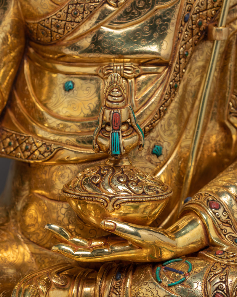 Padmasambhava Guru Rinpoche Statue | Finely Hand Carved Gold Coated Sculpture