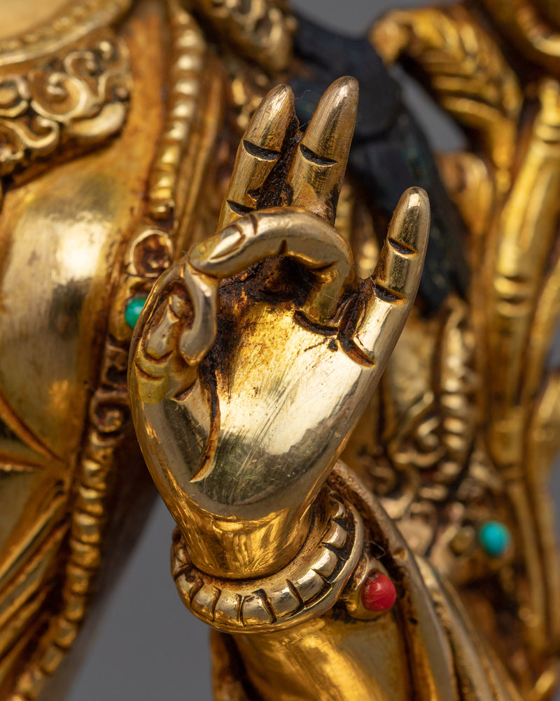 Seated Green Tara Buddha Sculpture | Traditionally Hand-Carved Bejeweled Statue
