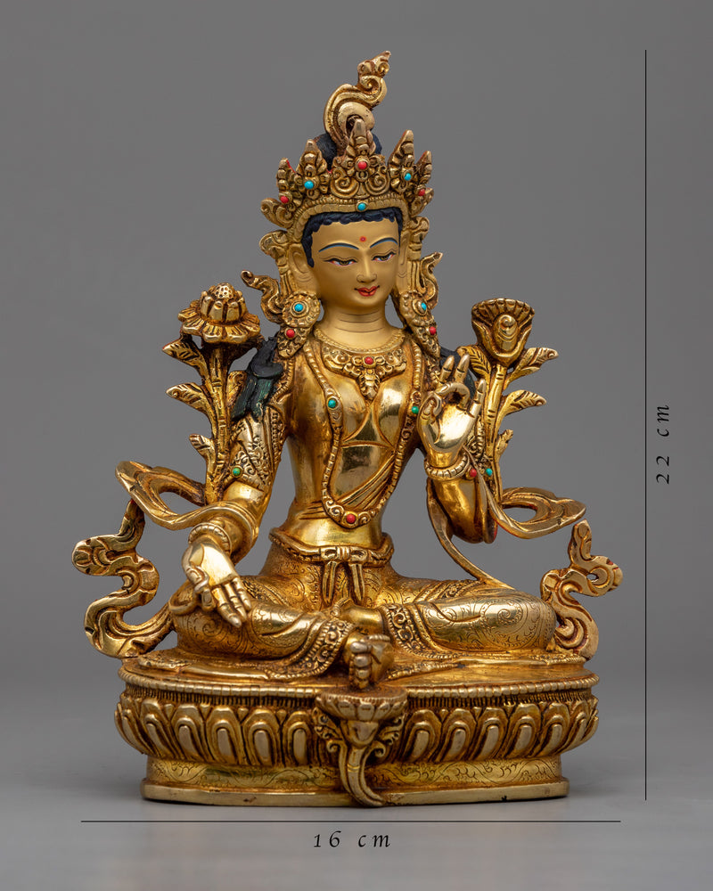 Seated Green Tara Buddha Sculpture | Traditionally Hand-Carved Bejeweled Statue