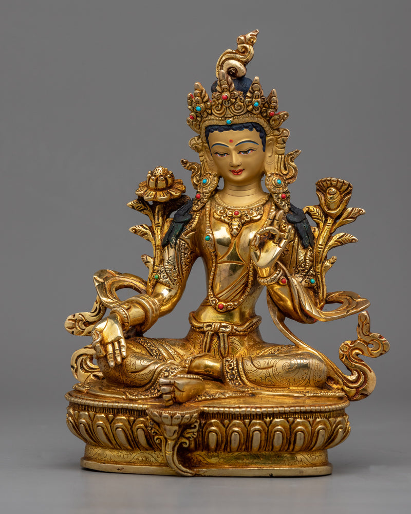 Seated Green Tara Buddha Sculpture | Traditionally Hand-Carved Bejeweled Statue