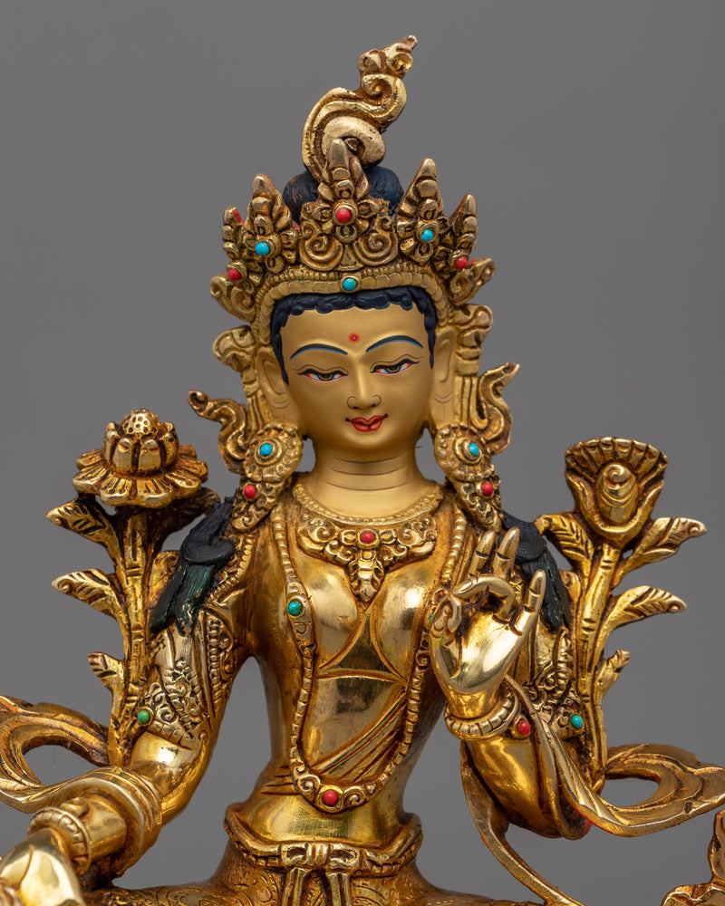 Seated Green Tara Buddha Sculpture | Traditionally Hand-Carved Bejeweled Statue