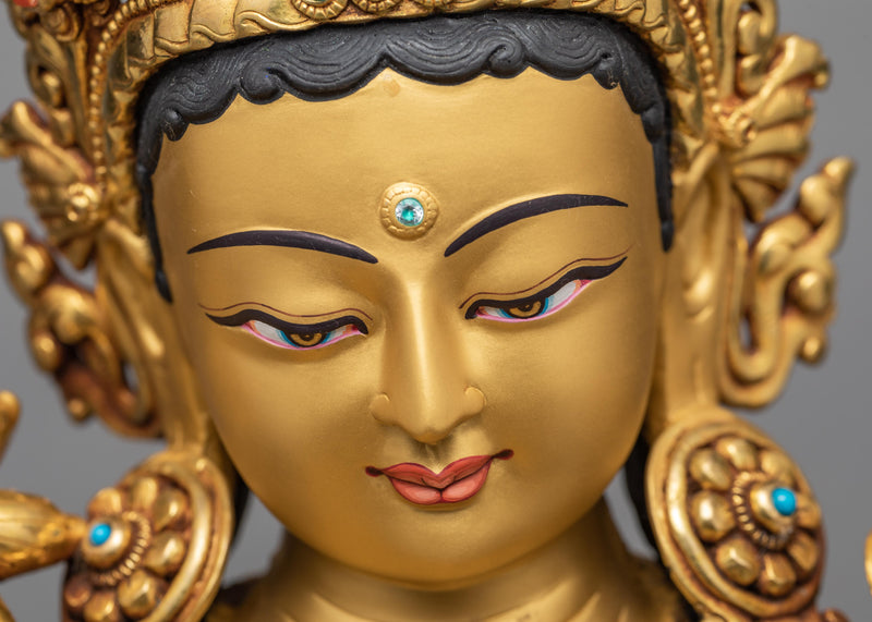 Green Tara Statue, Purely 24K Gold Gilded Tara, Hand Carved Tara