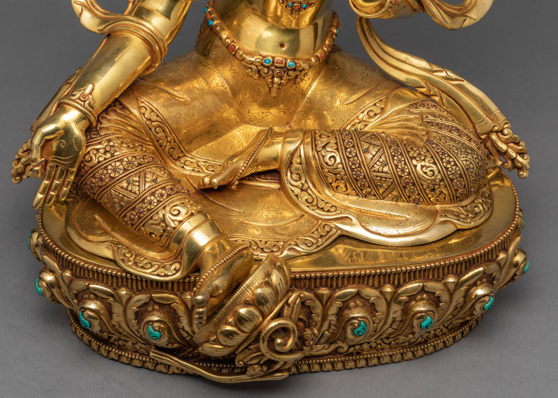 Green Tara Statue, Purely 24K Gold Gilded Tara, Hand Carved Tara