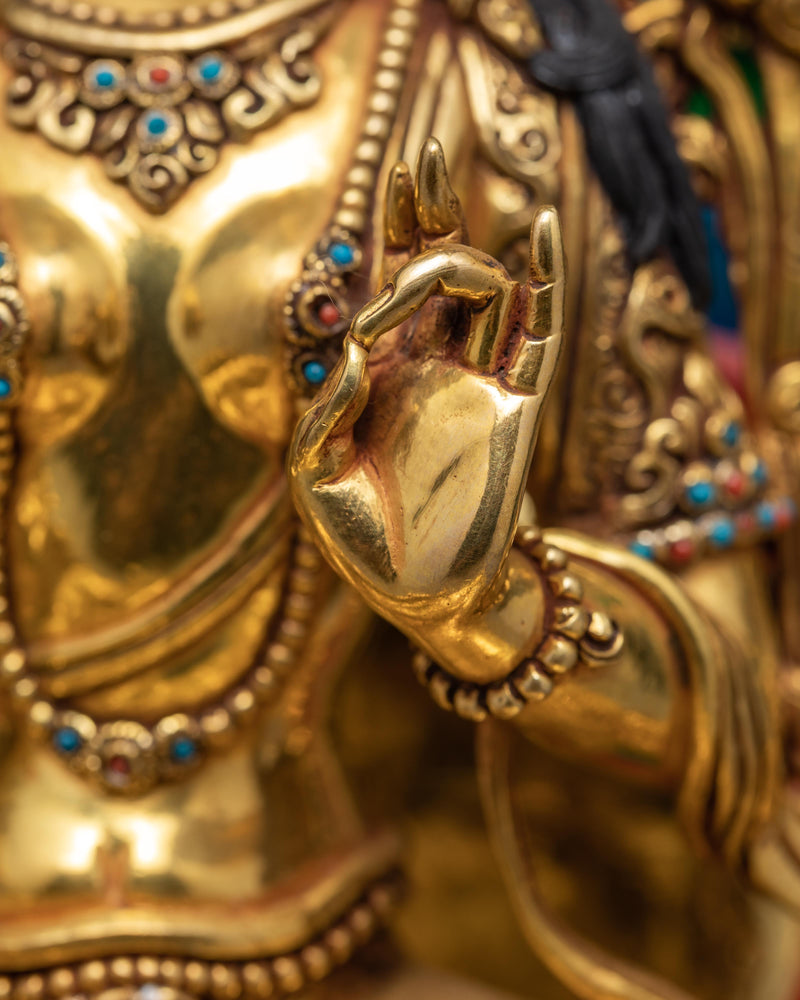 Green Tara On A Throne | 24k Gold Gilded Tara Statue