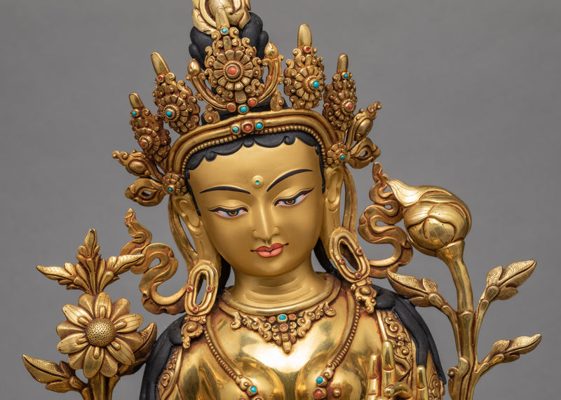 Green Tara Statue | Pure Gold Gilded Buddhist Art