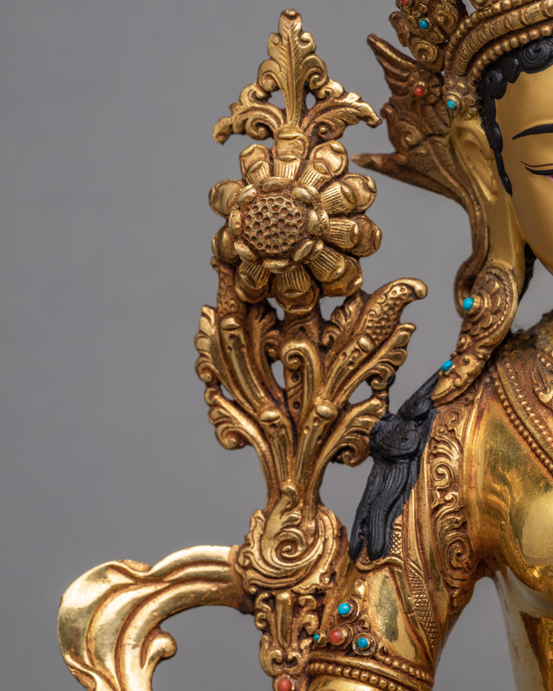 Green Tara Statue | Plated With Gold Tibetan Sculpture