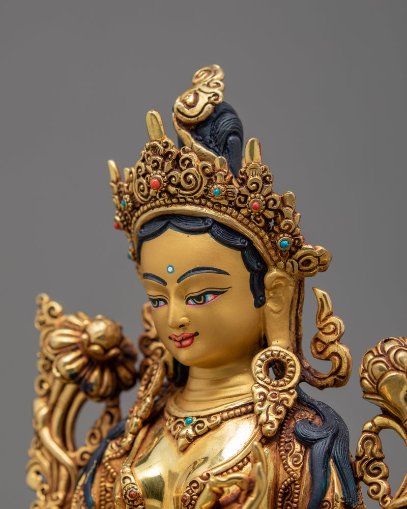 Green Tara Statue | Buddhist Compassion Goddess | 24k Gold Gilded
