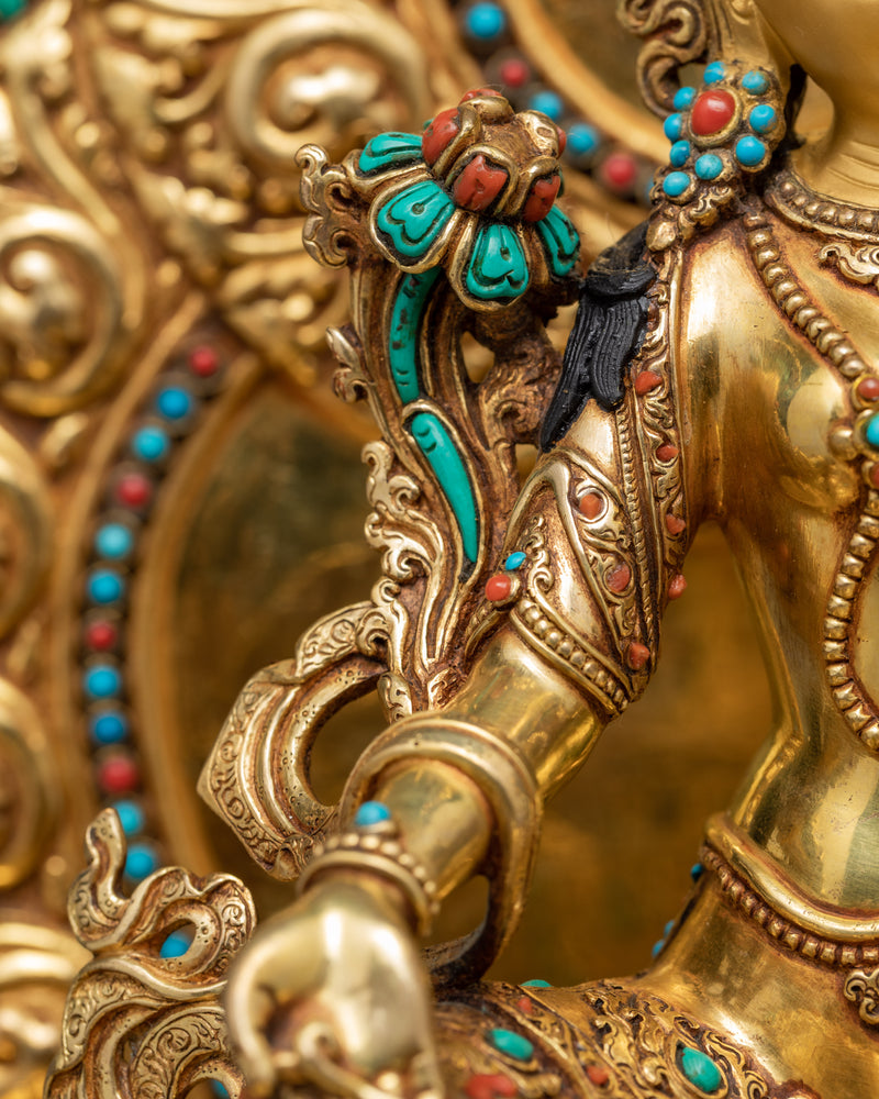Rare Green Tara on Throne | Traditionally Hand carved 24K Gold Gilded Tara Statue