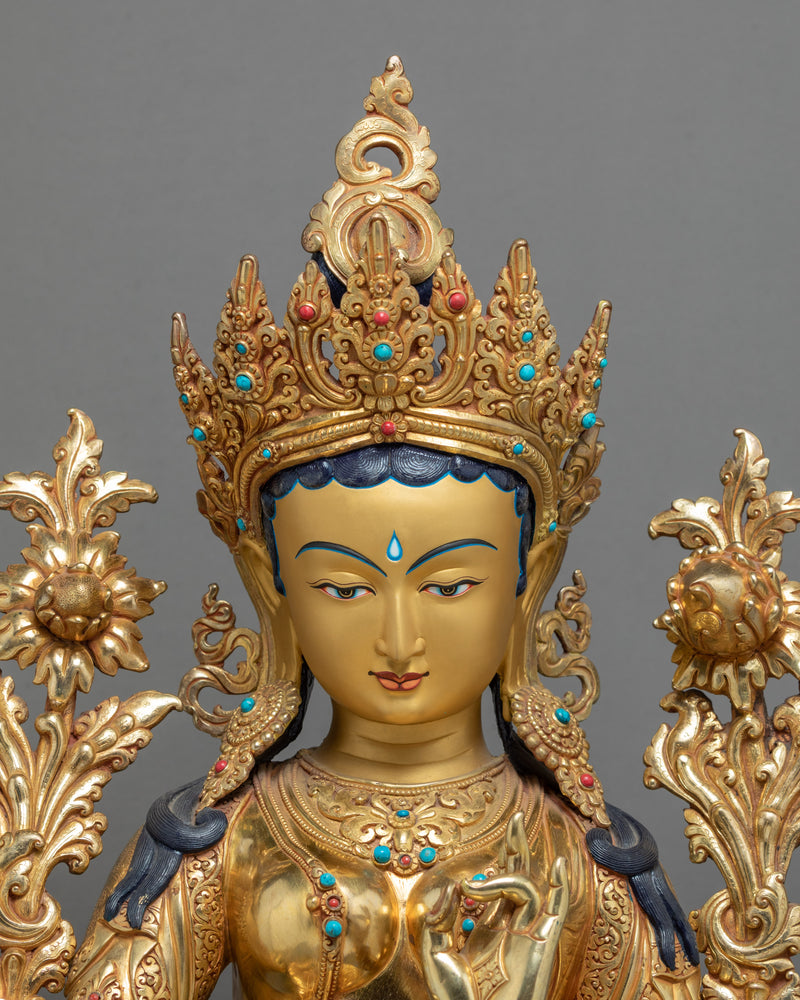 Large Green Tara Gold Statue | Hand carved Mother Tara Sculpture