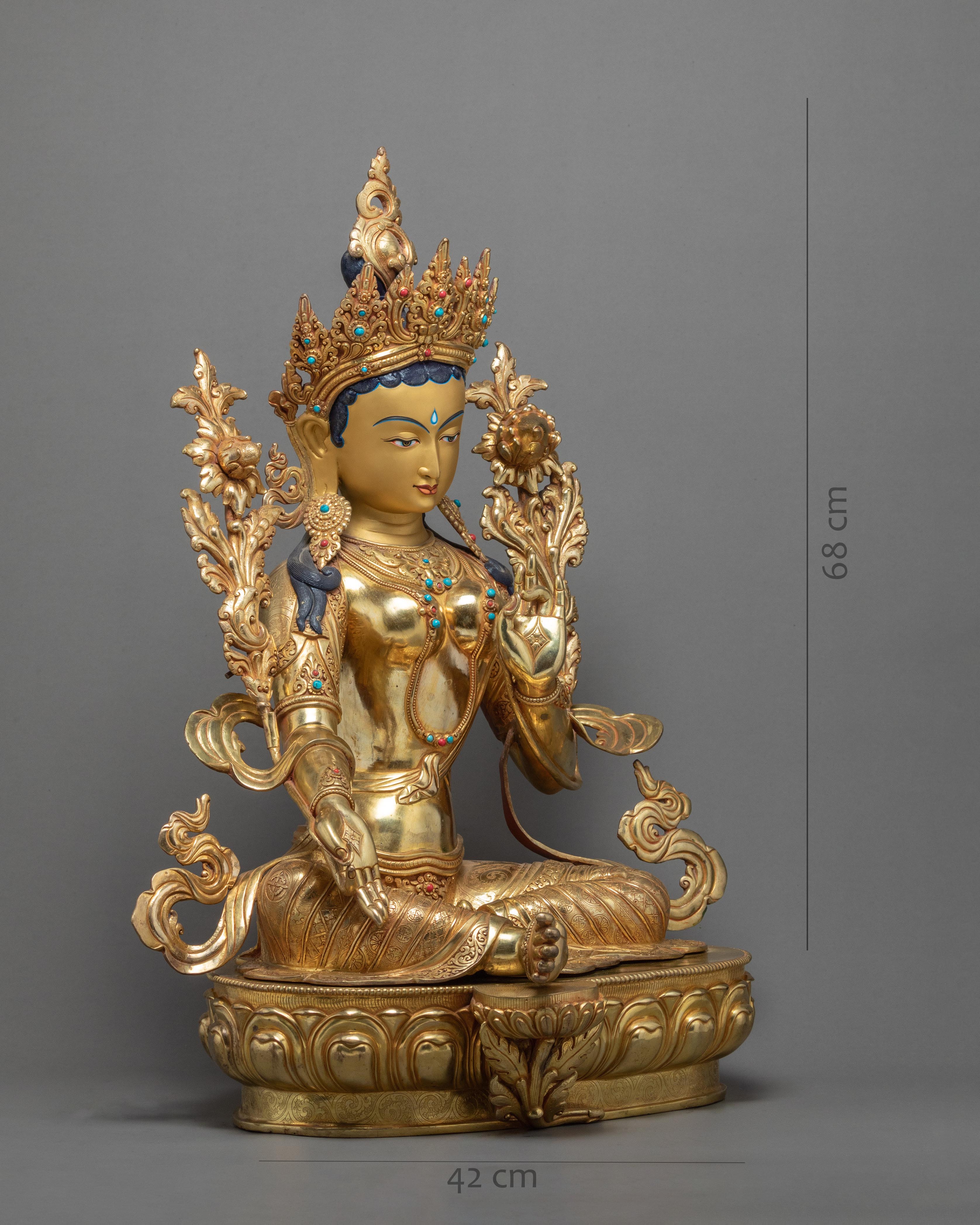 Large Green Tara Gold Statue | Hand carved Mother Tara Sculpture