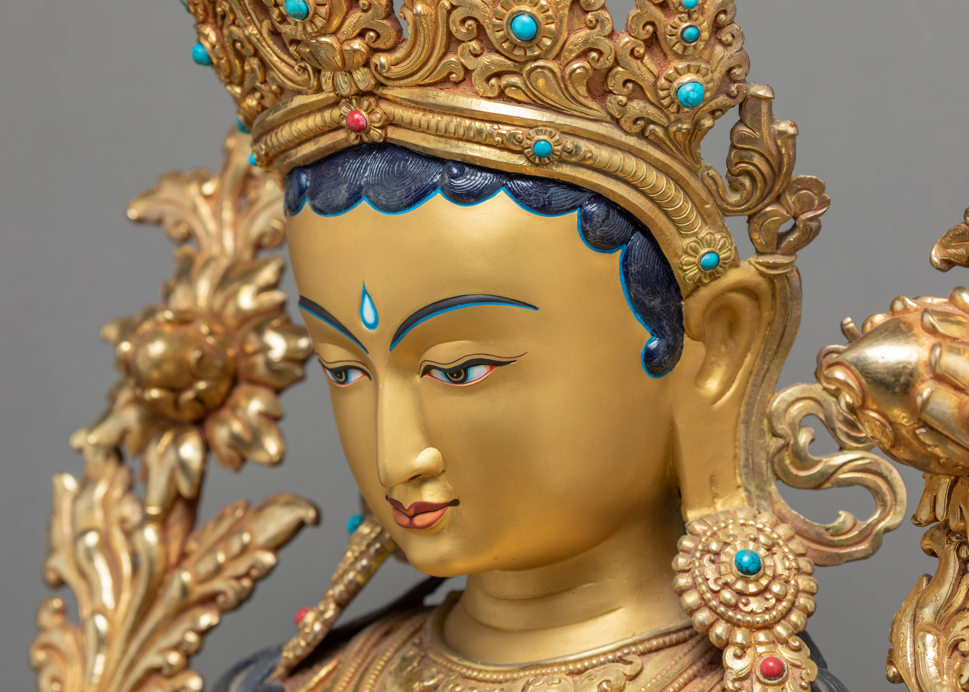 Large Green Tara Gold Statue | Hand carved Mother Tara Sculpture