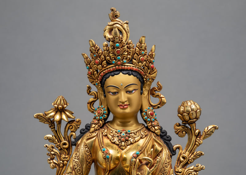 Green Tara Statue | Exquisite Gold Gilded Traditional Tara Statue