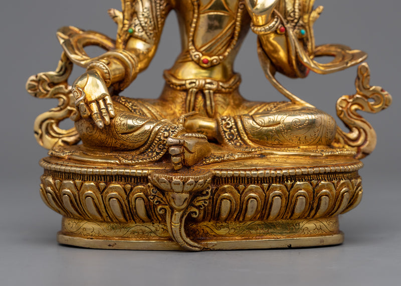 Seated Green Tara Buddha Sculpture | Traditionally Hand-Carved Bejeweled Statue