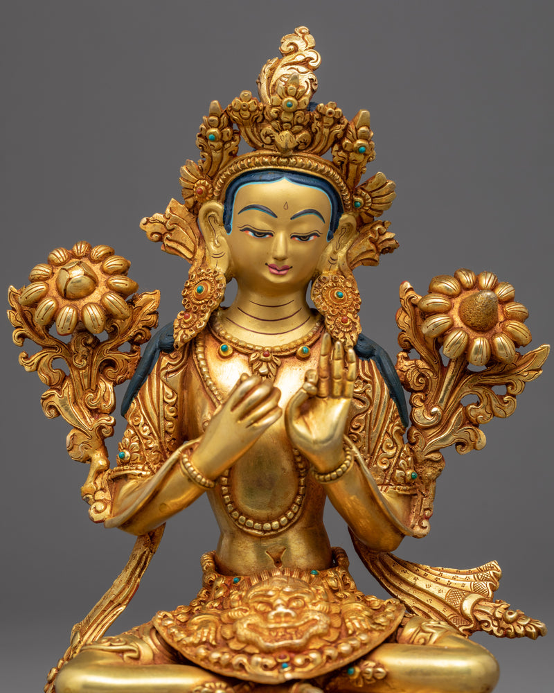 Green Tara Gold Sculpture | Tibetan Handmade Compassionate Deity of Buddhism