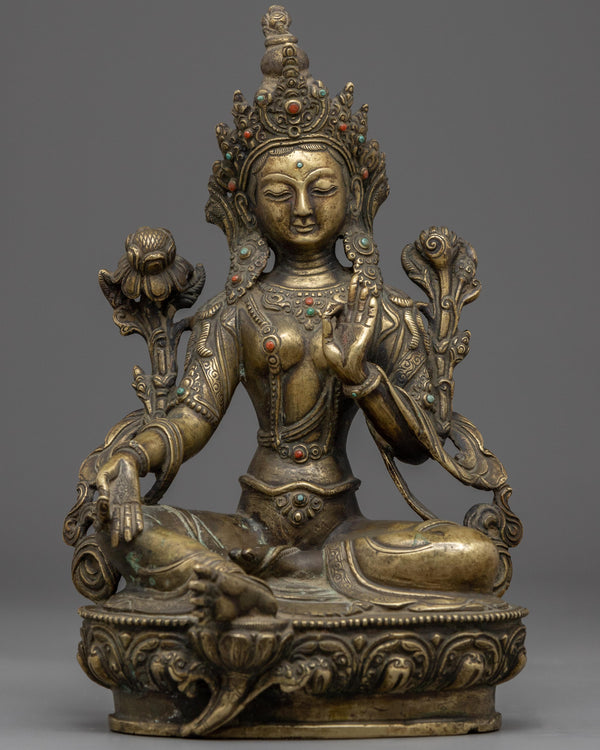 Hand-carved Green Tara Flowers Statue | Antique sculpture of Shyamatara