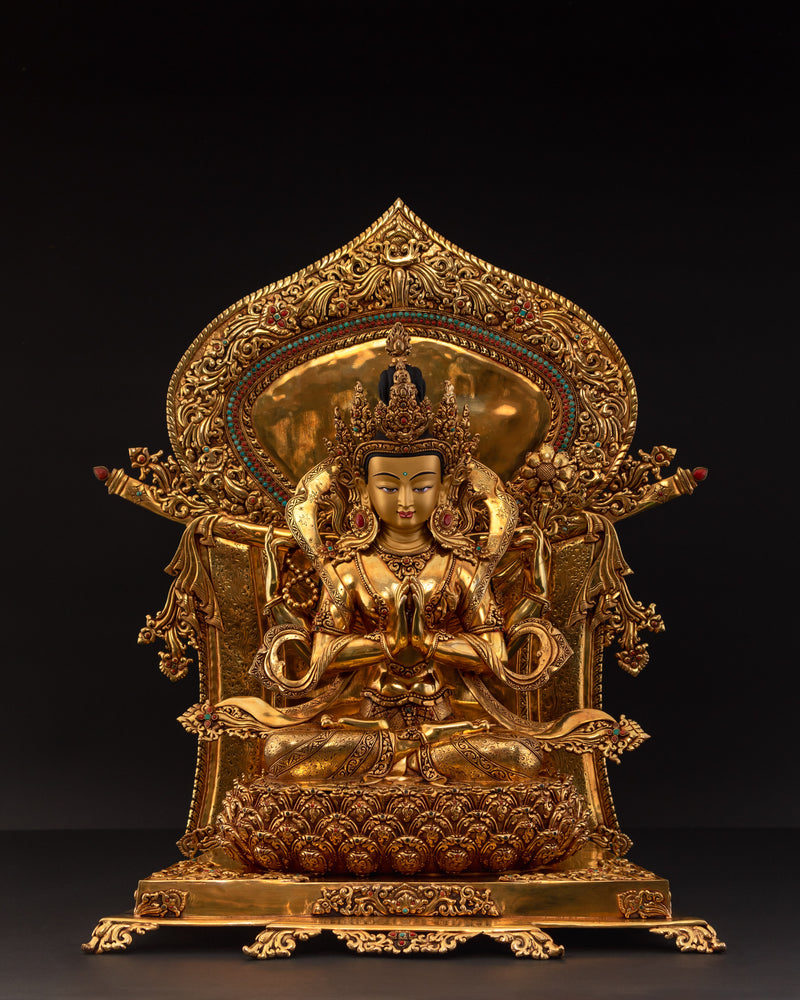 Four-Armed Chenrezig on Magnificent Throne | Traditionally Gold Gilded